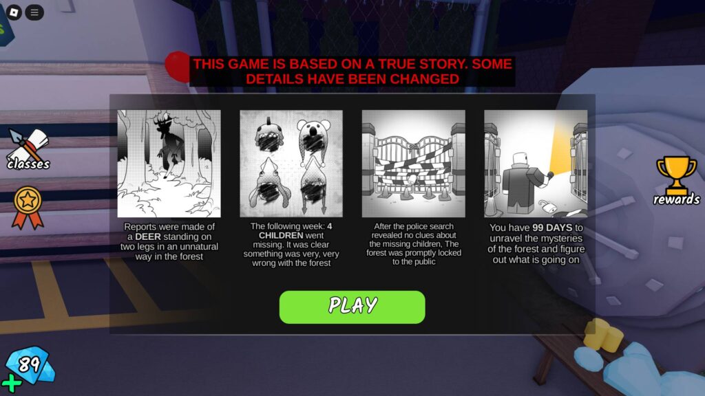 99 Nights in the Forest's play panel (Screenshot via esports.gg)