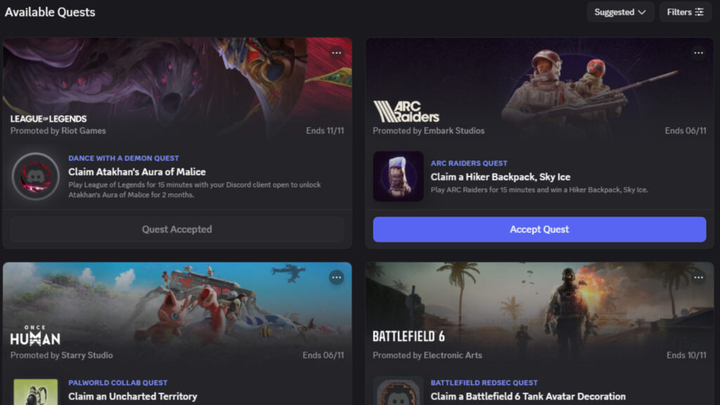Discord quests (Screenshot by esports.gg/Discord)