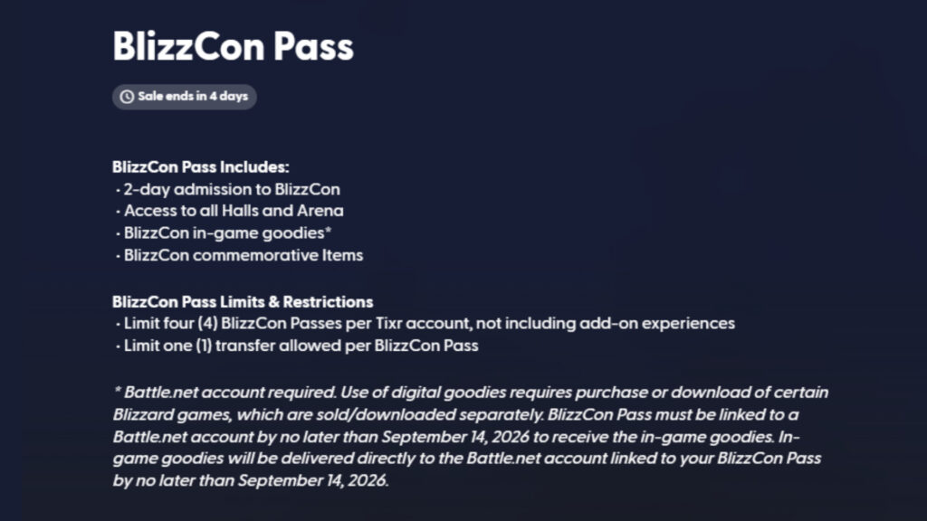 BlizzCon Pass information (Screenshot via esports.gg)