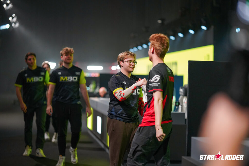 The photo from the CS2 StarLadder Budapest Major 2025 features players from the team M80 after their advancement match in Stage 1 Round 3 against NRG.