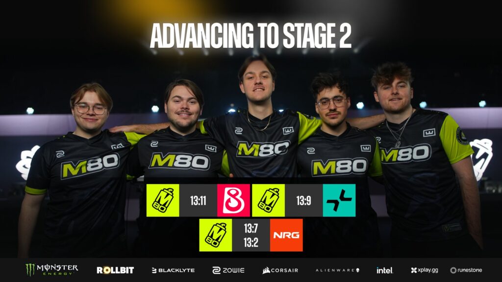 The image features photos of the CS2 M80 players and their results in Stage 1 of Budapest Major.