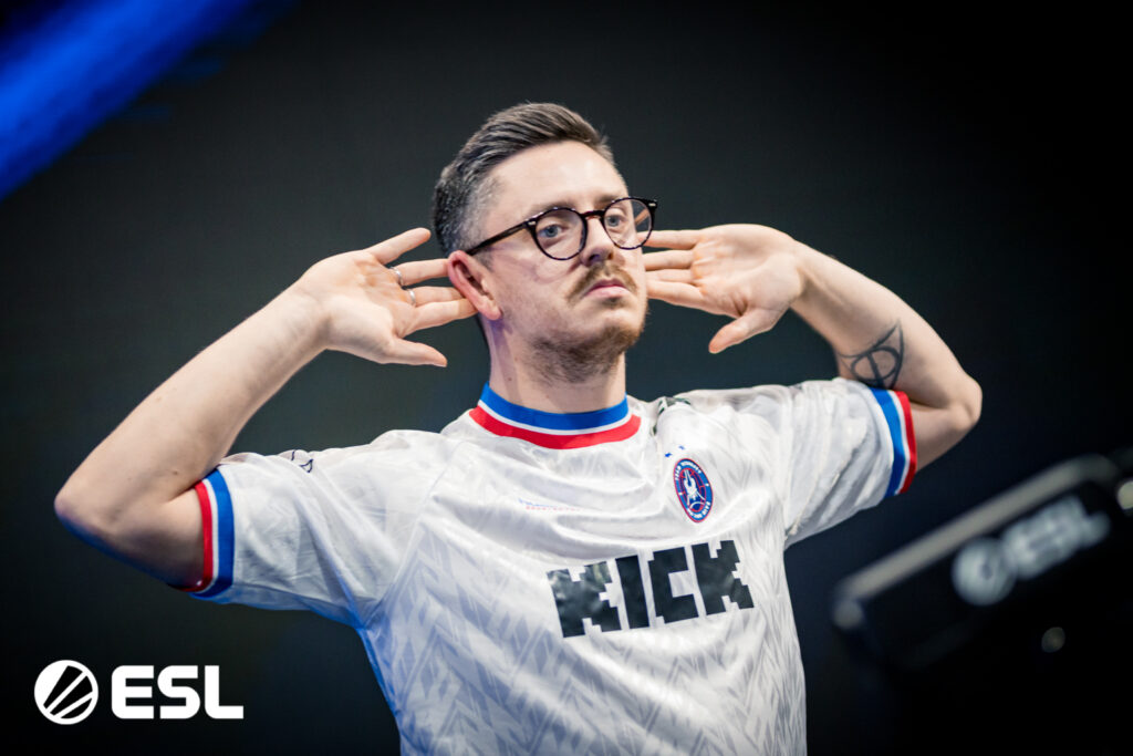 It's a photo of the Counter-Strike 2 pro player apEX from Team Vitality teasing the crowd during the semifinal versus MOUZ at CS2 esports IEM Chengdu 2025.