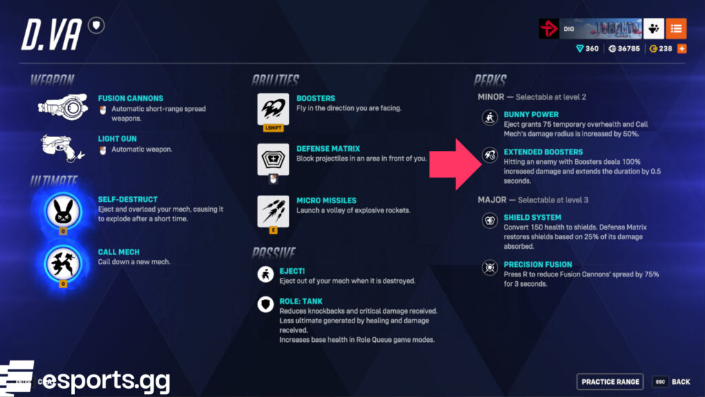 D.Va gets a major buff to her Extended Boosters perk (Screenshot via esports.gg)