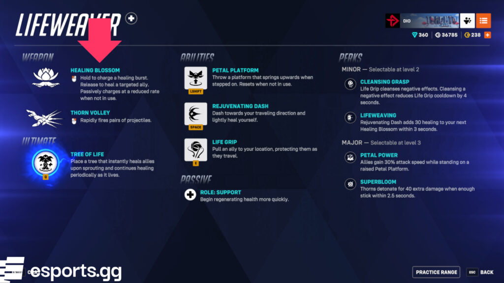The time it takes for Lifeweaver to switch between Healing Blossom and Thorn Volley is reduced (Screenshot via esports.gg)