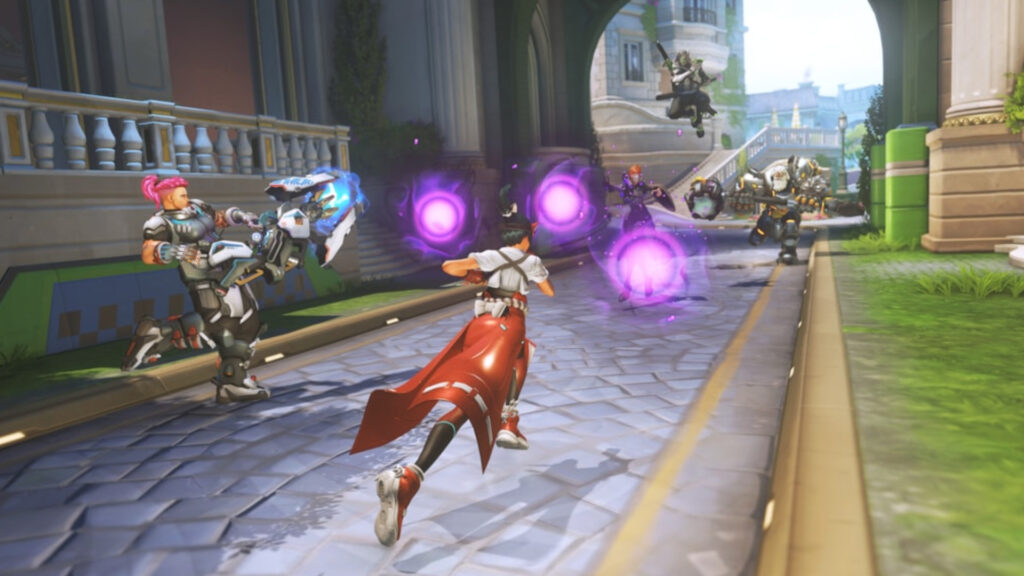 Zarya, Kiriko, Moira, Genji, and Reinhardt in Overwatch 2's Stadium game mode (Image via Blizzard Entertainment)