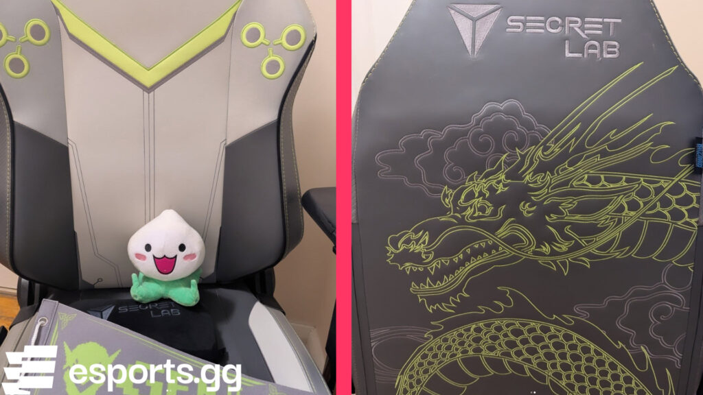 The front and back of the Secretlab TITAN Evo Genji chair accompanied by a Pachimari (Photos via esports.gg)