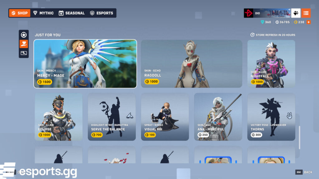 Overwatch 2 "Just For You" shop rotation (Screenshot via esports.gg)