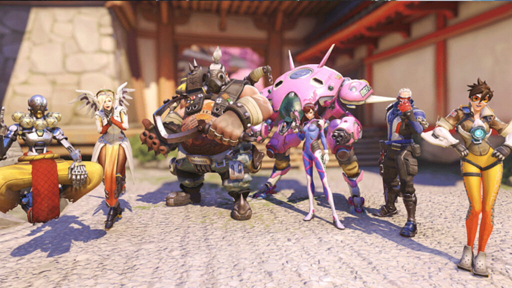 Zenyatta, Mercy, Roadhog, D.Va, Soldier: 76, and Tracer in Overwatch 2 (Image via Blizzard Entertainment)