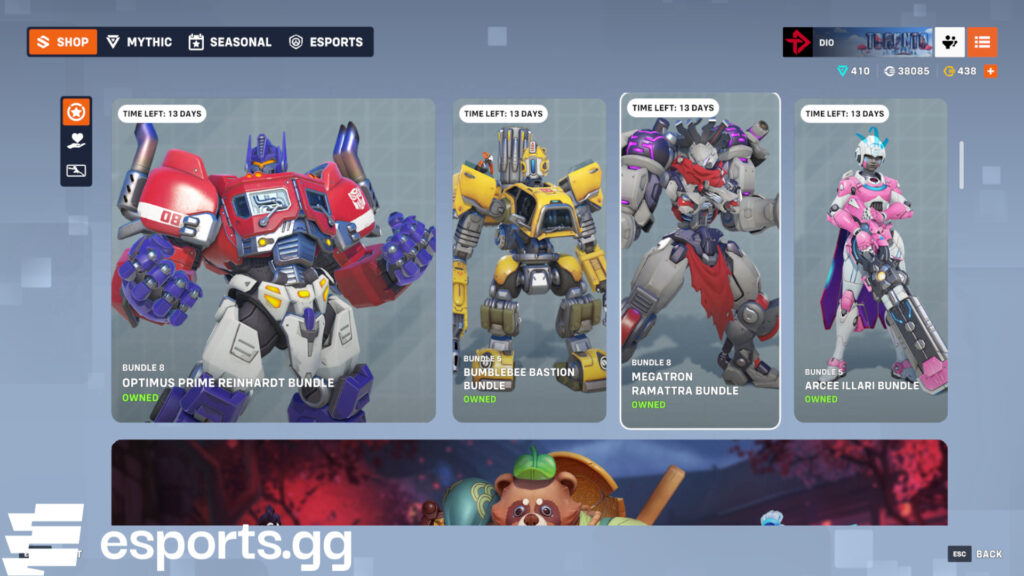 Optimus Prime Reinhardt, Bumblebee Bastion, Megatron Ramattra, and Arcee Illari bundles (Screenshot via esports.gg)