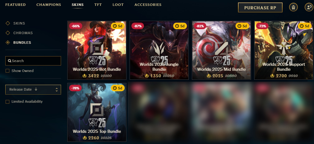 Worlds 2025 skin bundles on the League of Legends client (Screenshot via esports.gg)