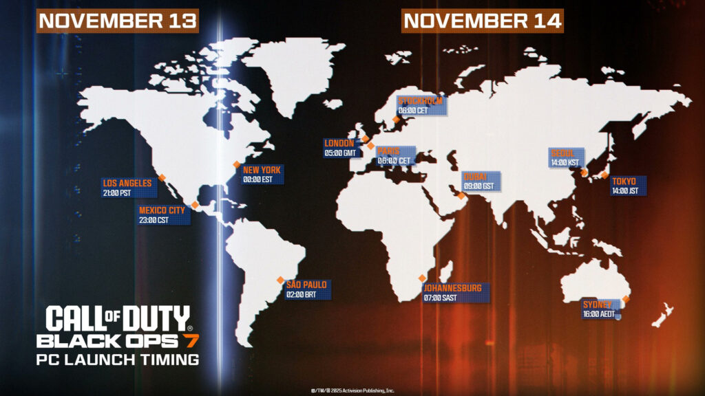 The release times for players on Steam and Battle.Net. Image via Activision