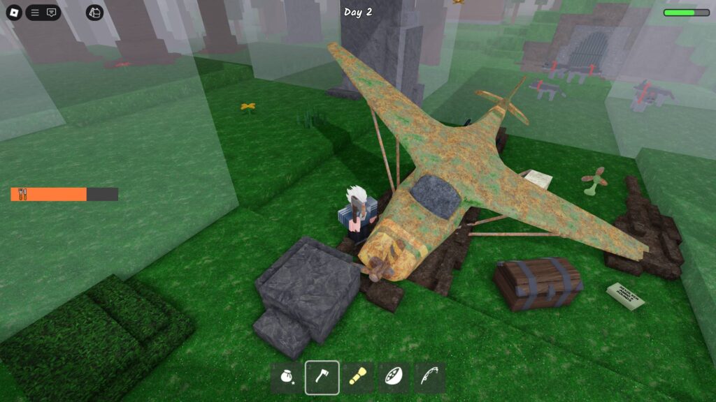 A plane crash site in 99 Nights in the Forest (Screenshot via esports.gg)
