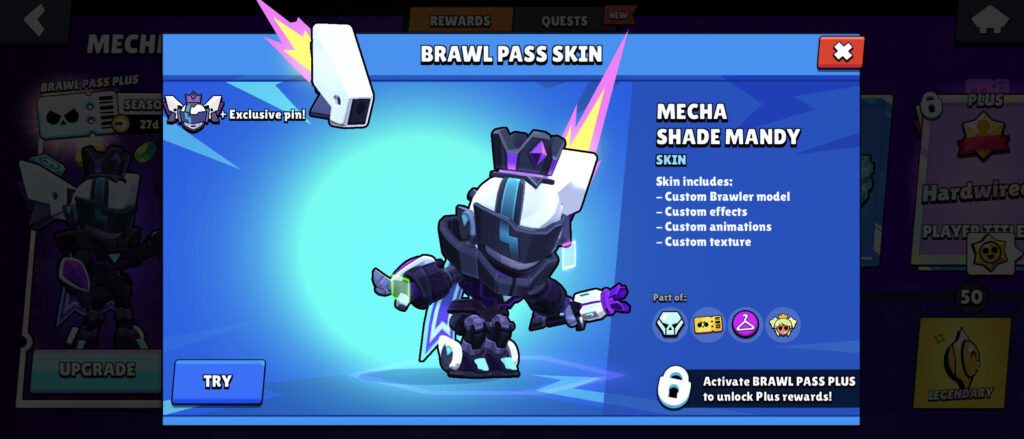 The screenshot from the mobile game Brawl Stars features the skin of Shade Mecha Mandy during the Mechmas Brawl Pass season.
