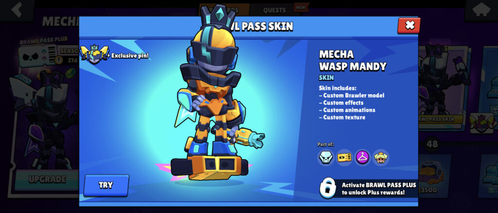 The screenshot from the mobile game Brawl Stars features the skin of Wasp Mecha Mandy during the Mechmas Brawl Pass season.