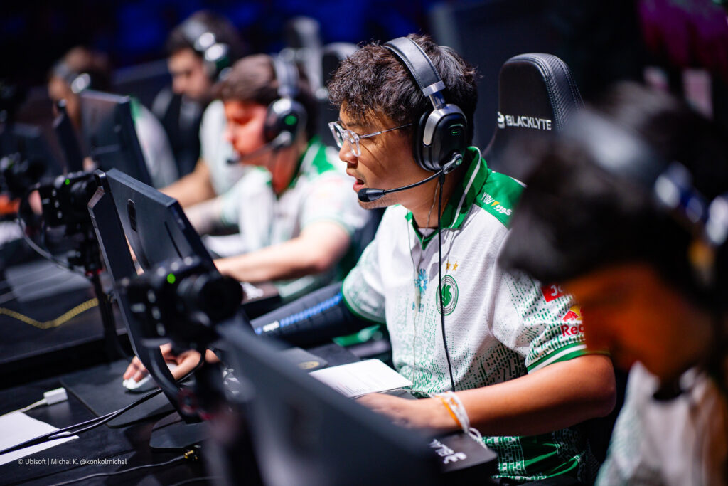 The photo features the Rainbow Six Siege X players from Team Falcons at the tournament Munich Major 2025.