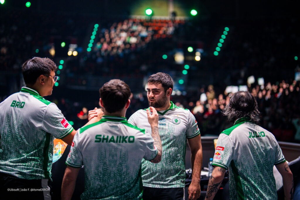 The photo features the Rainbow Six Siege X players from Team Falcons at the tournament Munich Major 2025.